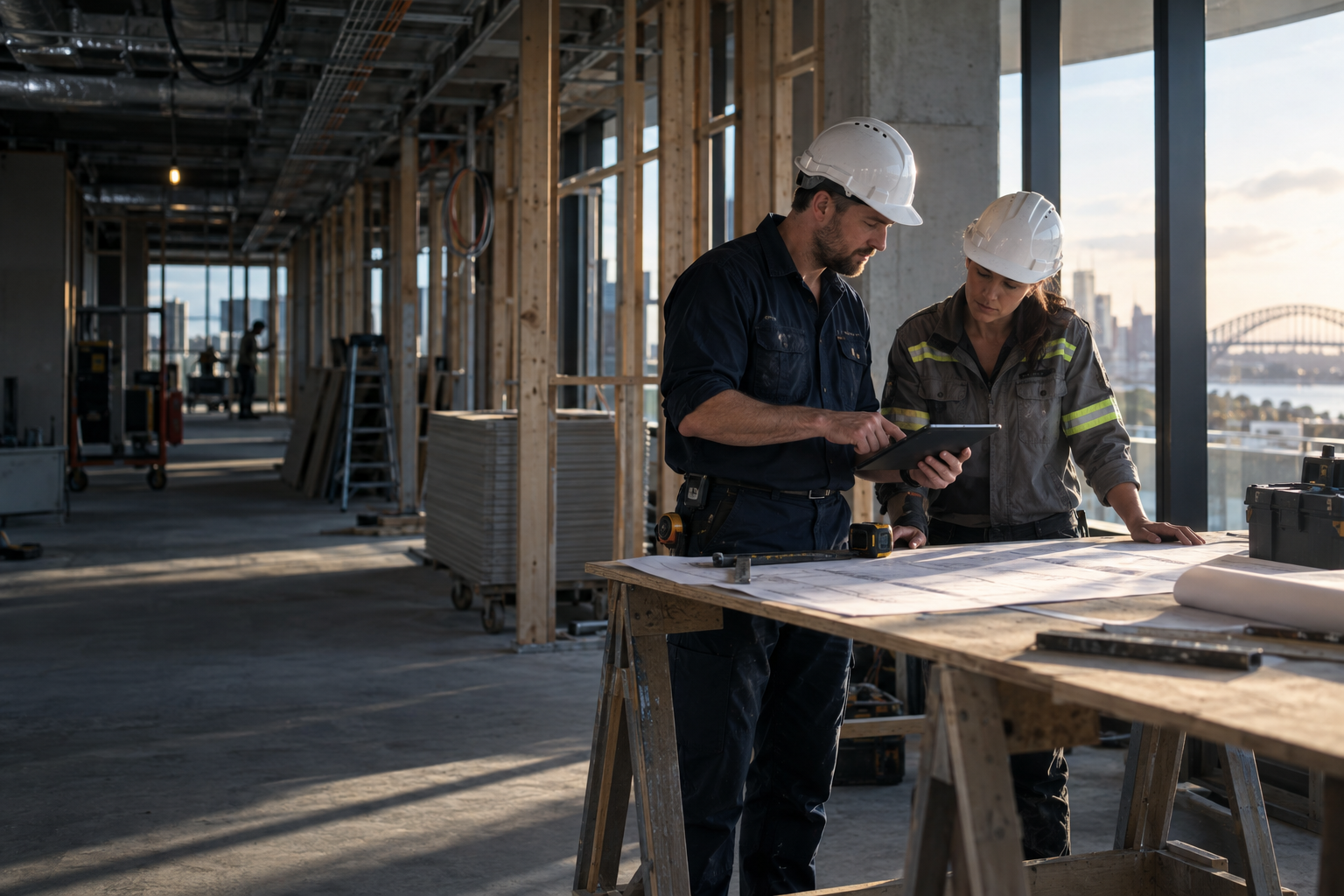 Illustration of two trade professionals reviewing plans together on a commercial fit-out.